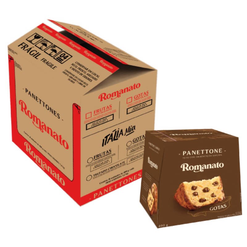 Caixa Fechada: 18 unidades Panettone Romanato - Gotas Chocolate (400g)