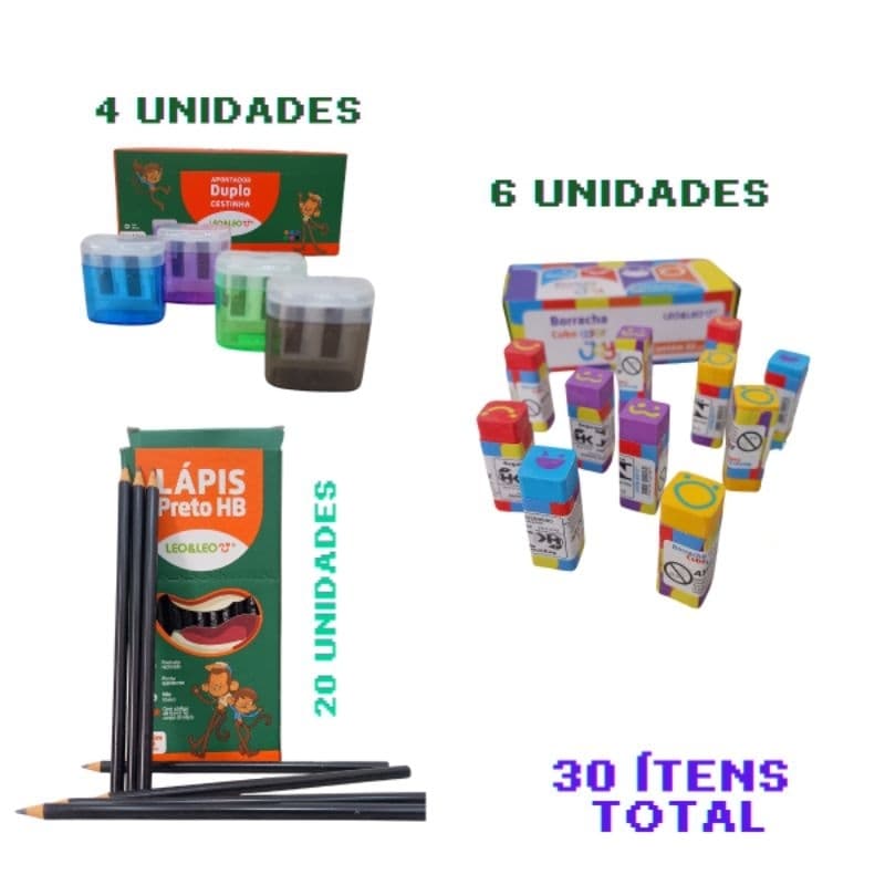 Kit Escolar e ou Escritório Leo&Leo 20 Lápis HB2, 6 Borrachas Coloridas e 4 Apontador Duplo