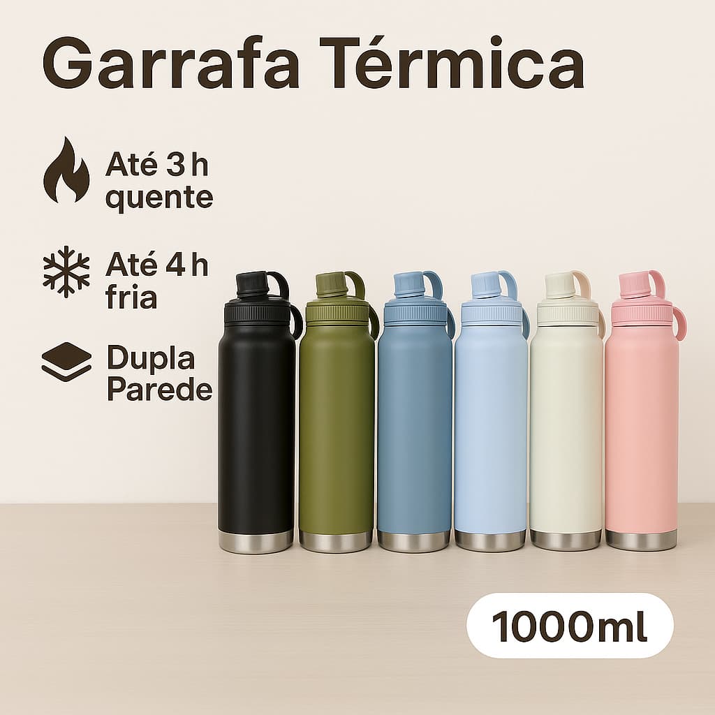 Garrafa Térmica 1000ml Inox Aço Inoxidável Para Bebida Gelada e Quente alça esportiva