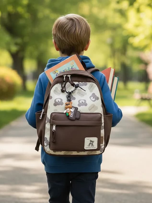 Mochila Infantil Juvenil Estampada Ursinhos e Chaveiro de Ursinho Mochila Escolar Pequena Leve 611#