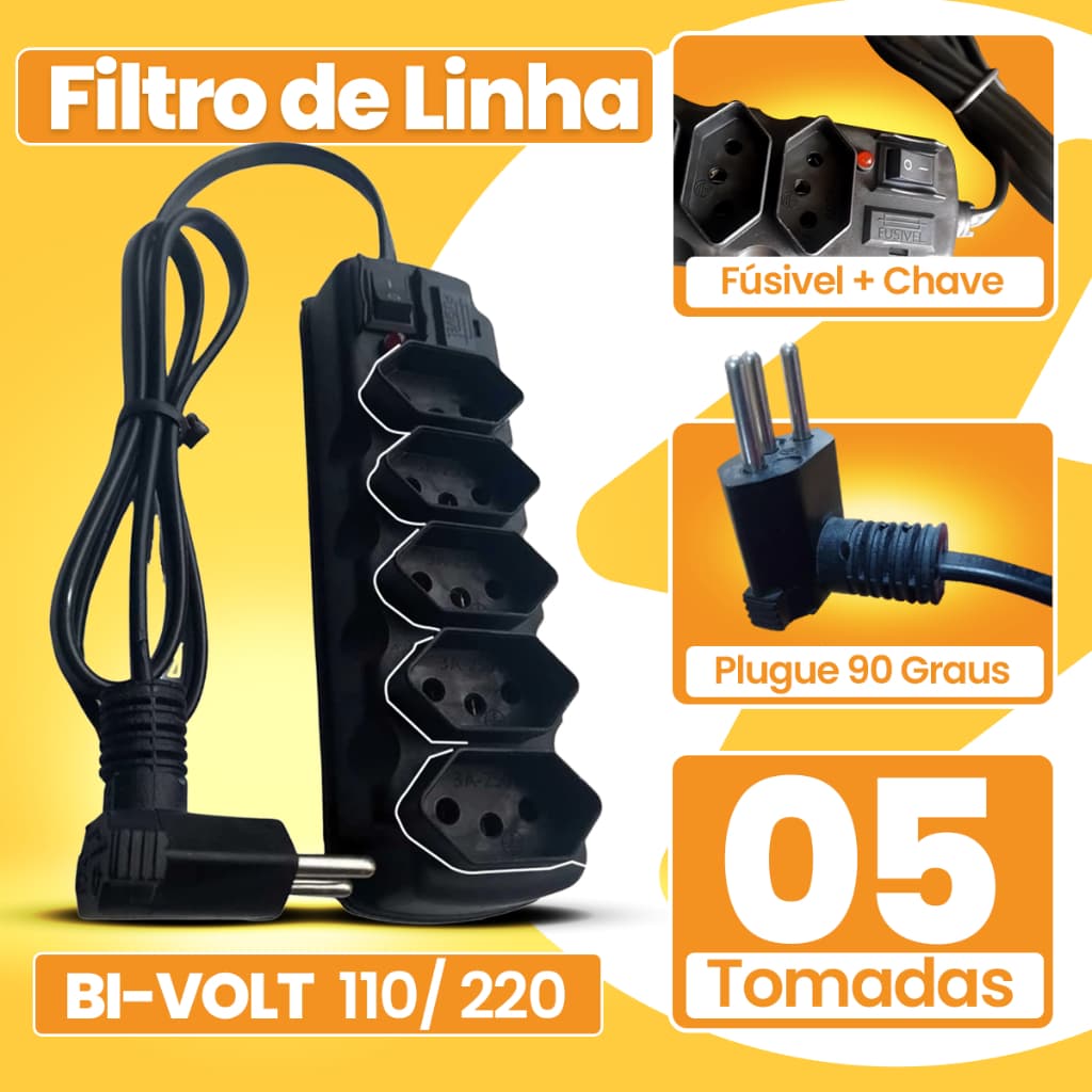 Filtro de Linha 5 Tomadas Cabo 1 Metro Extensão de Tomada Protetor Eletrônico Bivolt 110/220 Régua