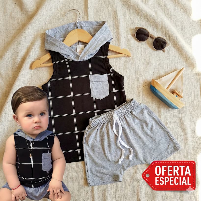 Conjunto Infantil Menino Regata com Capuz + Short Bebê Confortável Verão Preto e Cinza Listrado