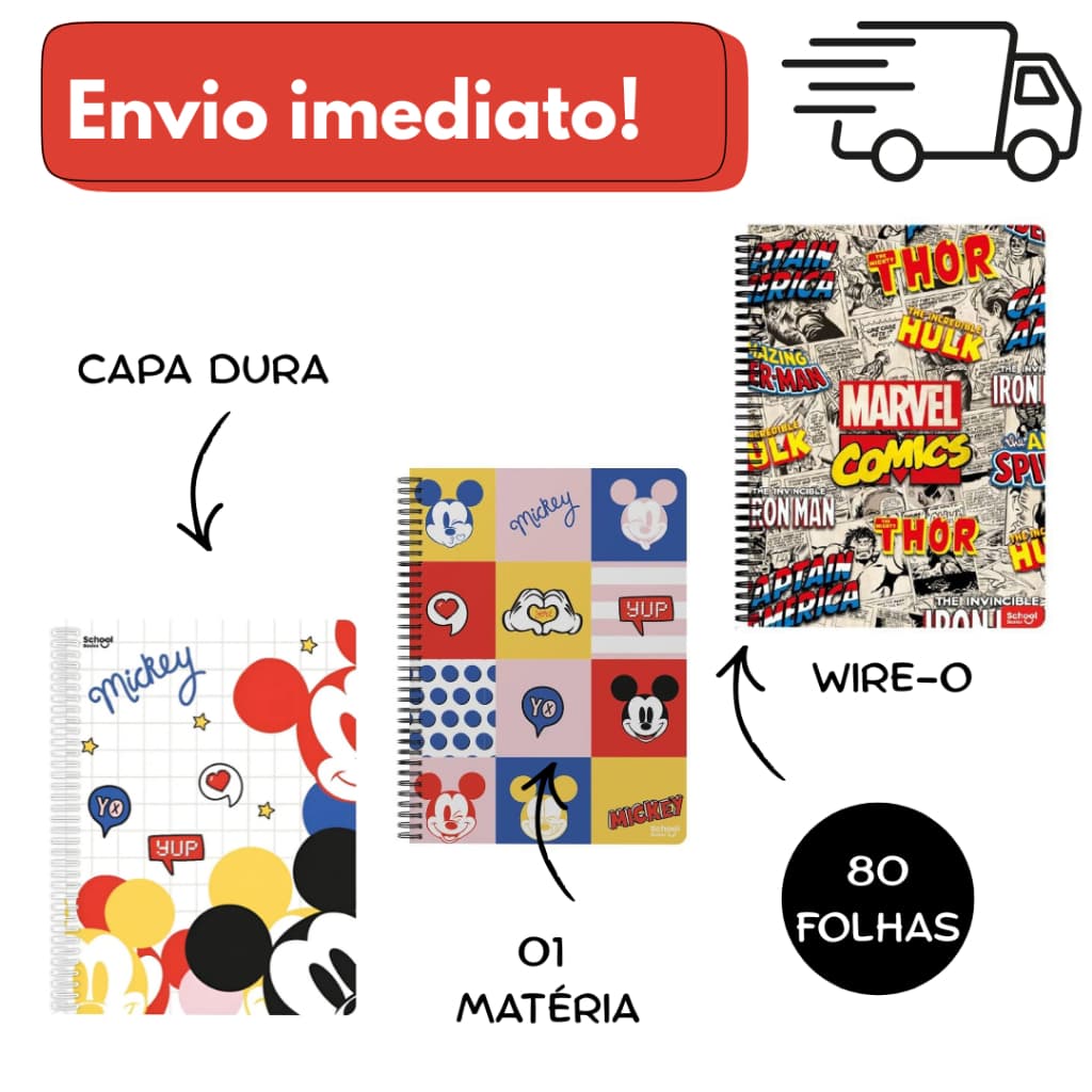 Caderno Universitário 1 Matéria 80 Folhas – Mickey e Marvel – School Basics