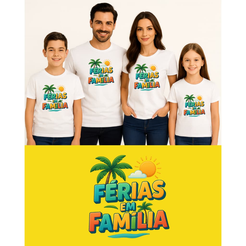 Kit de Camiseta Férias em Família Tropical Unissex Algodão Premium Estampa Elegante - Adulto P ao G3 - Infantil 2 ao 14