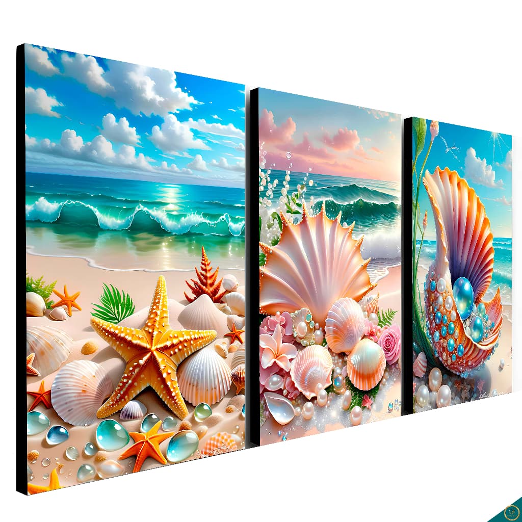 Quadros decorativos 3 Peças estrela do mar concha Sala Quarto Hall
