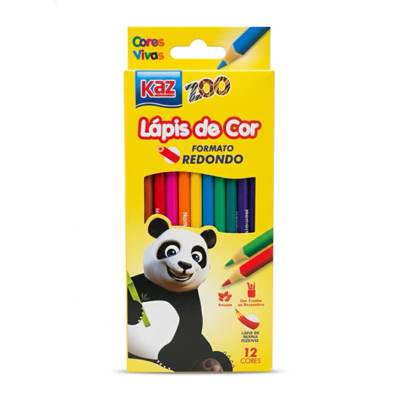 Lápis de Cor Redondo 12 Cores Cores Vivas Kaz Zoo - Ideal para Escola e Desenho