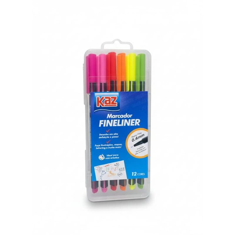 Kit Marcador Fineliner Kaz 0.4mm - 12 Cores caneta ponta fina escolar escritório