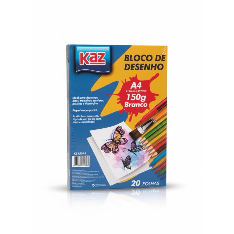 Bloco de Desenho escolar A4 com 20 folhas branco 150g Kaz