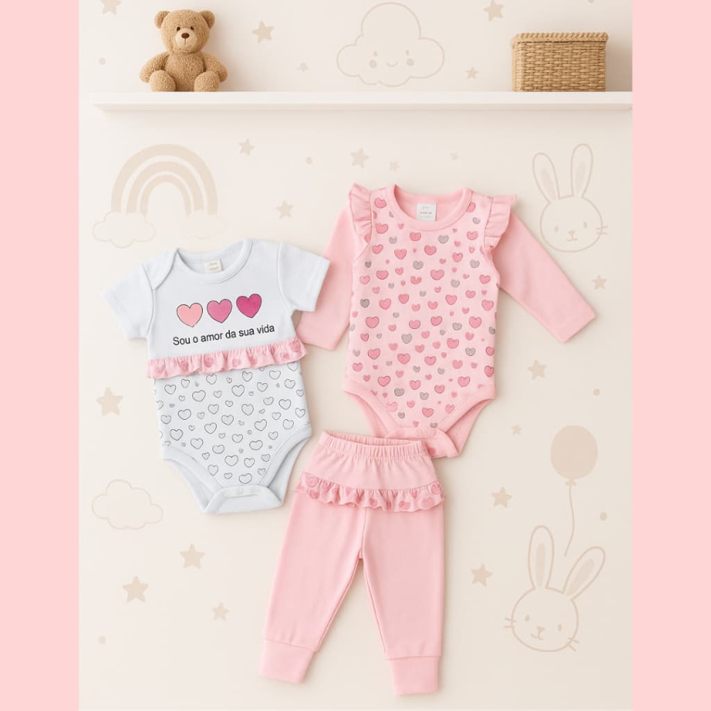 Conjunto 3 peças roupa de bebê menina em algodão com 2 bodys e 1 mijão presente