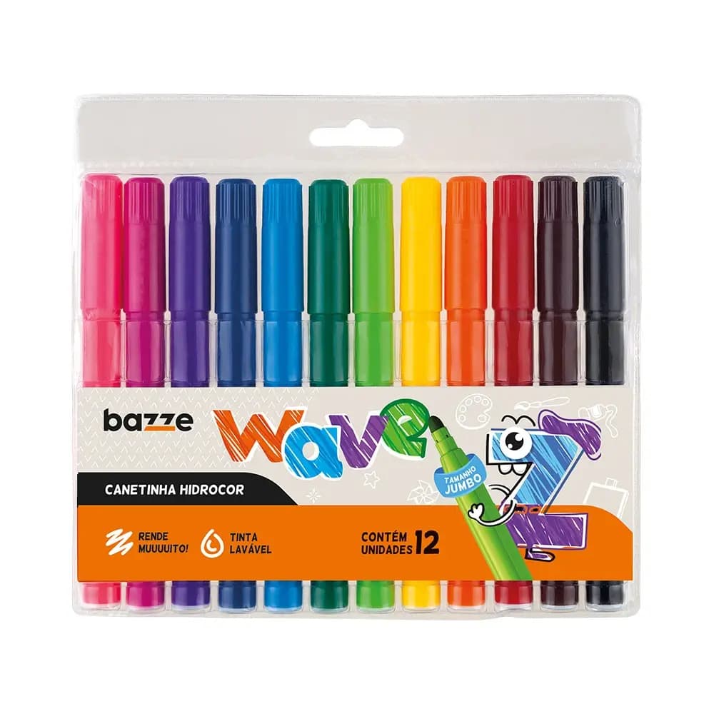 Canetinha Hidrocor Jumbo Wave Bazze – Kit 12 Cores | Ponta Grossa Lavável para Escola