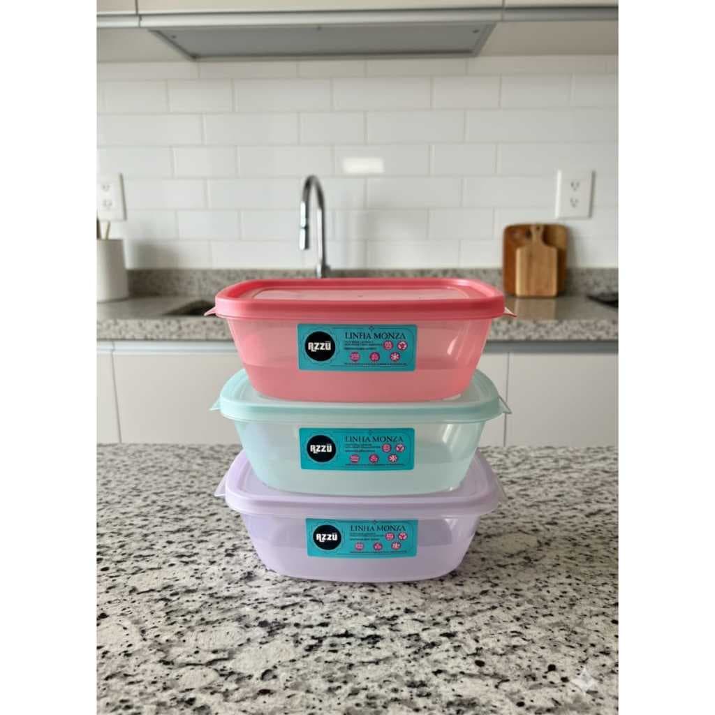 Kit com 3 Potes Retangulares 1200ml - Marmita Plástico com Tampa  Micro-ondas e Freezer nas cores Rosa, Azul e Roxo