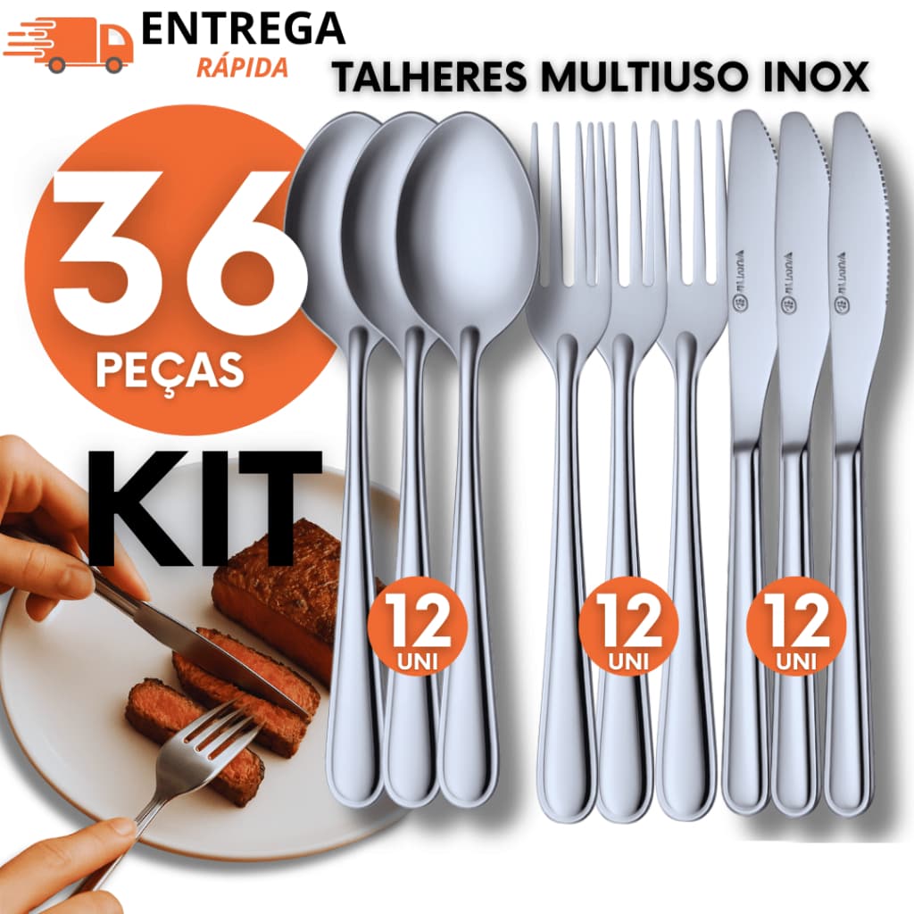 KIT 36 Talheres com 12 Garfos 12 Facas 12 Colheres Premium Casa Cozinha Buffet Restaurante Banquete Qualidade Multiuso