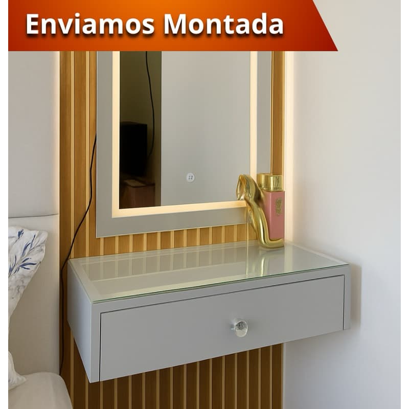 Penteadeira OFF White Tampo de Vidro C/Divisorias Camarim Organizadora