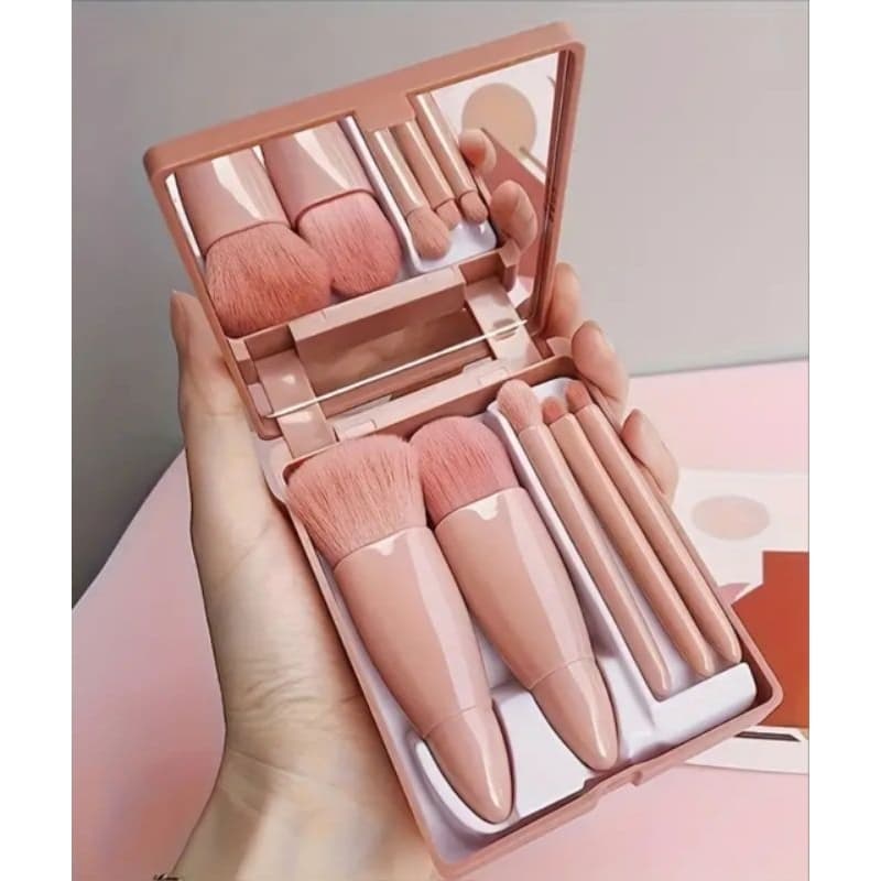 kit 5 Pincéis de Maquiagem Com Espelho Base Corretivo Bolsa Viagem Trabalho
