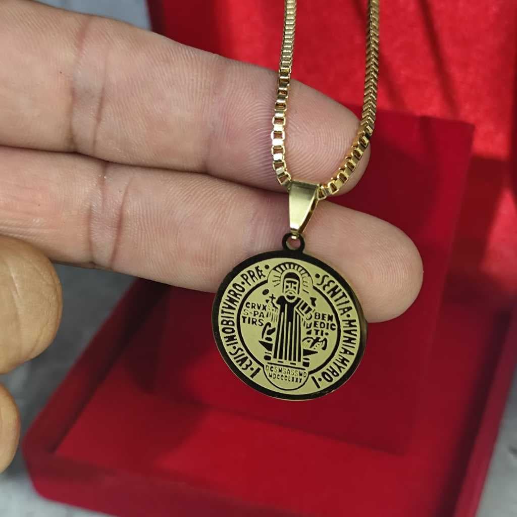 Medalha São Bento Duplaface + Corrente Veneziana Fina  Aço Inoxidável Unissex