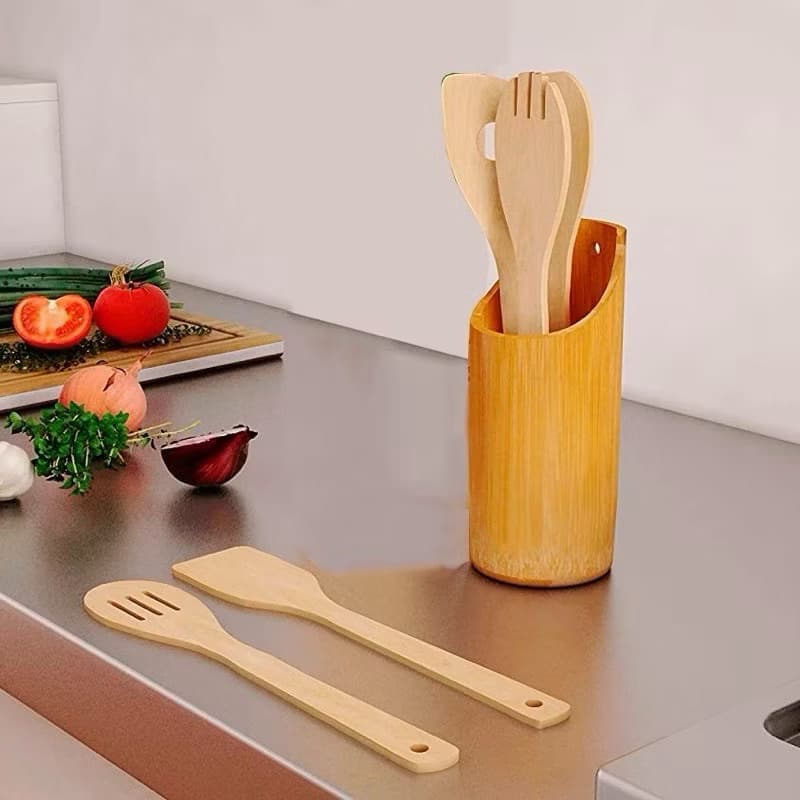 Kit 5 Utensilios de Cozinha - Pegadores e Suporte em Bambu Conjunto de Concha Espátula Escumadeira