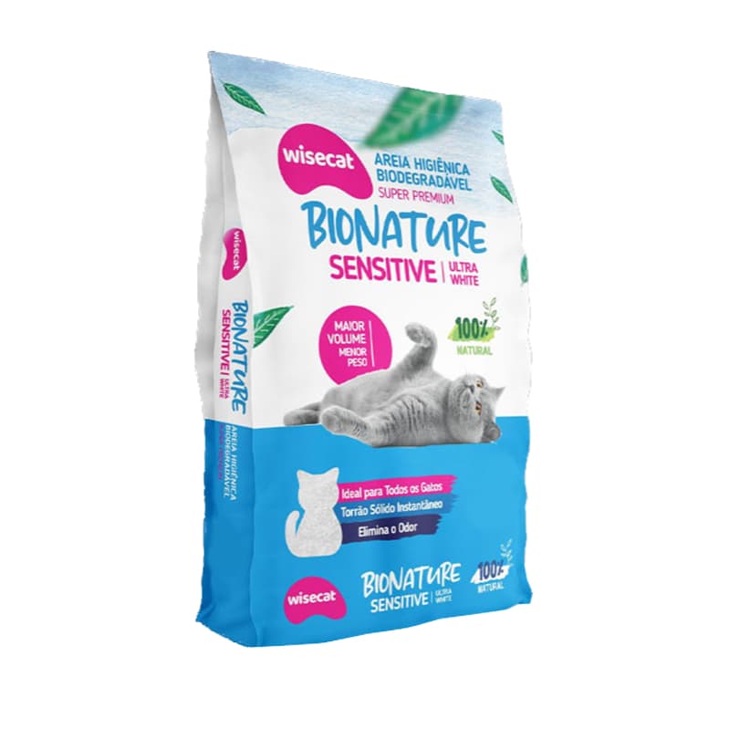 Areia Biodegradável Grãos Finos para Gatos Bionature Sensitive Wisecat 2 KG