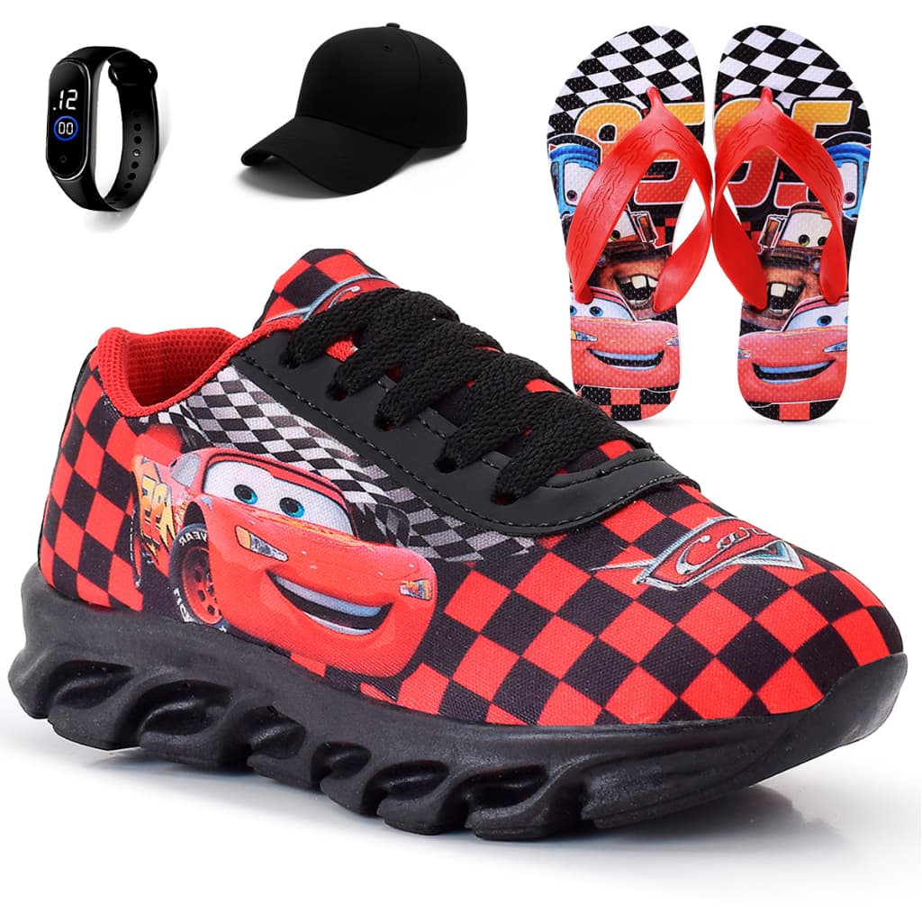 Kit Tênis Infantil Relâmpago Mcqueen + Boné + Chinelo + Relógio Digital