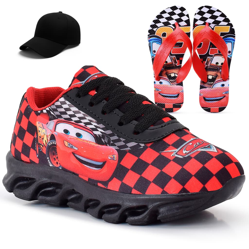 Kit Tênis Infantil Relâmpago Mcqueen Menino + Boné + Chinelo Infantil Henry Kids