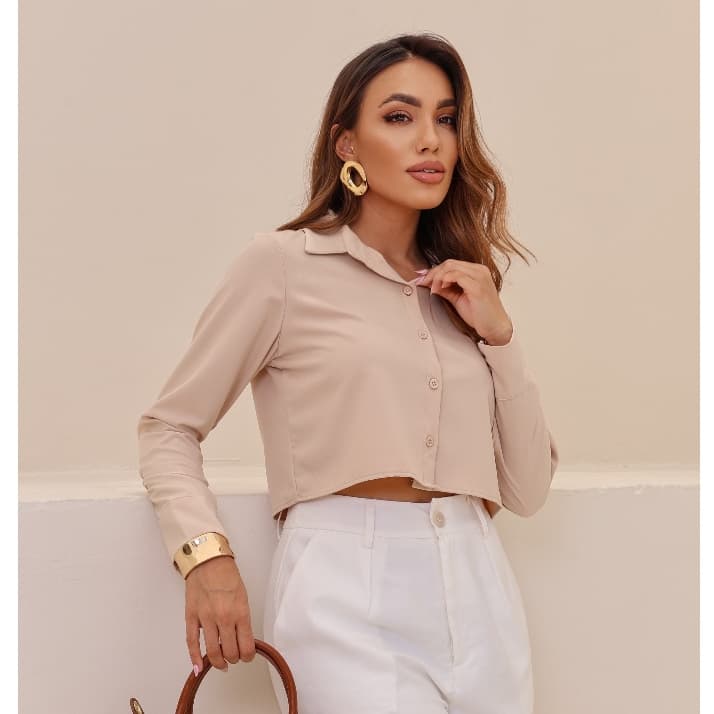 camisa feminina cropped crepinho liso manga longa