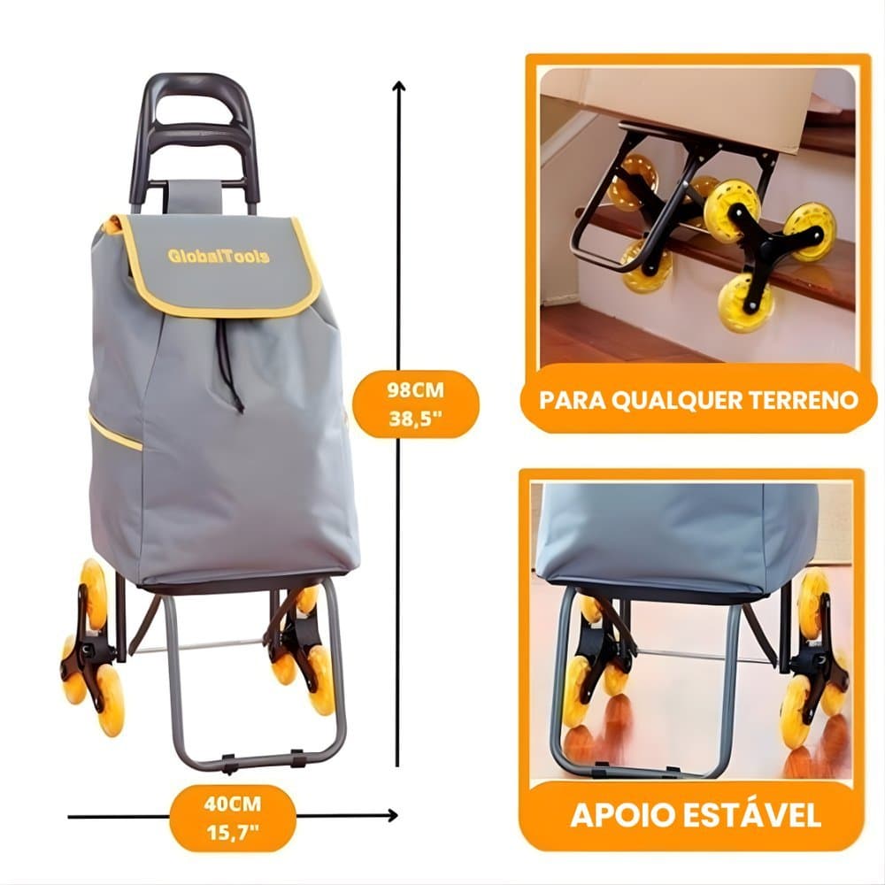 CARRINHO DE CARGA 3 RODAS DOBRÁVEL SOBE ESCADAS 40KG COM BOLSA REMOVÍVEL