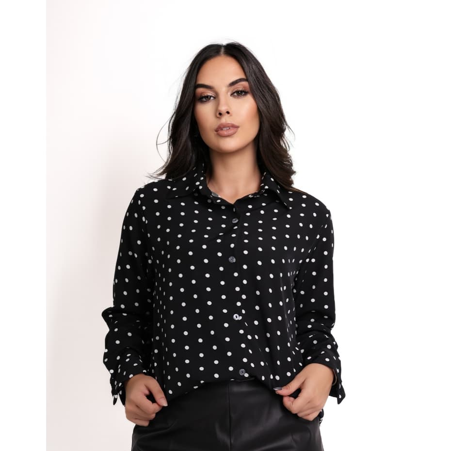L.L.MODAS FEMININA   camisa social de bolinha feminina manga longa tecido crepinho