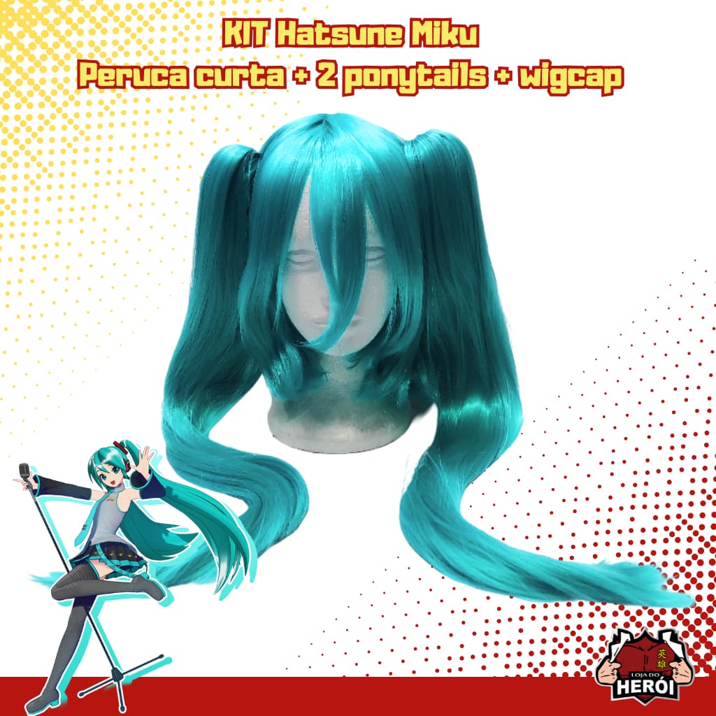 Kit Hatsune miku - Peruca curta azul tiffany + 2 Ponytaill Azul tiffany Liso + wig cap - Cosplay - Vocaloid