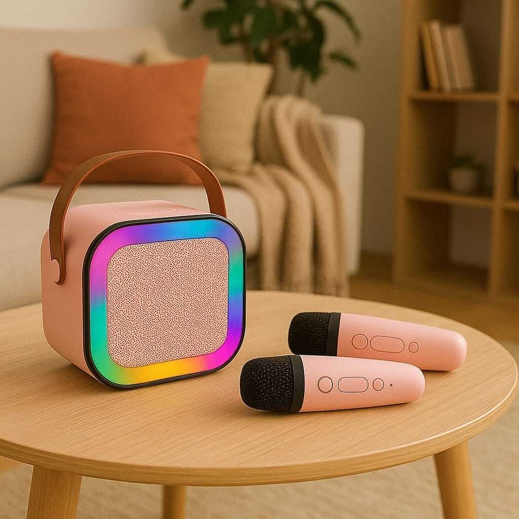 Caixinha de Som Karaokê com 2 Microfone Bluetooth Infantil - Rosa