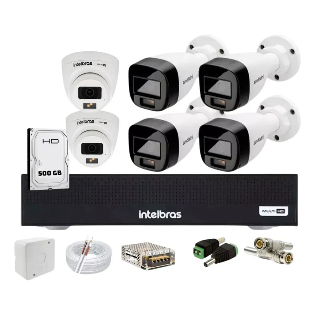 Kit 6 Cameras Intelbras Vhd 3220+ Full Color com Audio, Dvr 8 Canais 1108-c Bullet X Dome
