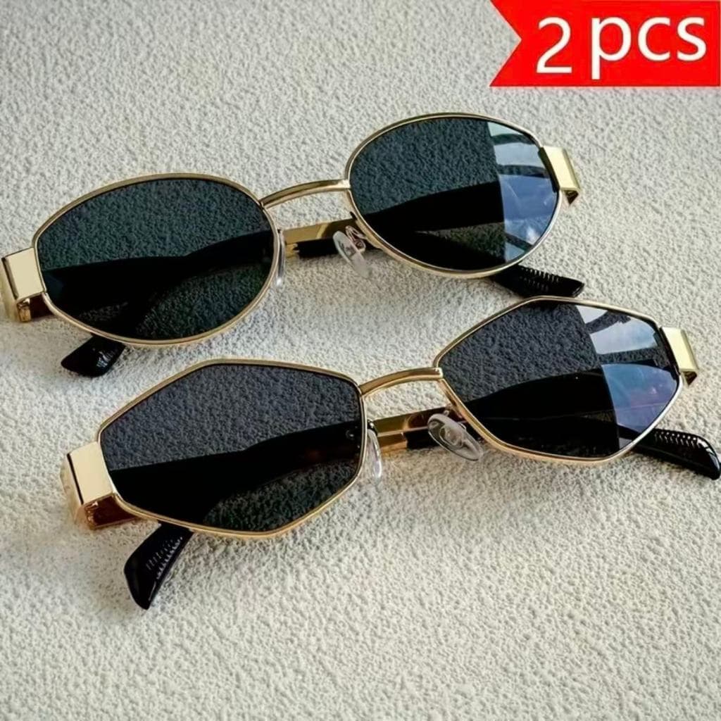 Conjunto de dois óculos de sol com armação de metal - Conjunto de óculos de sol retrô poligonais