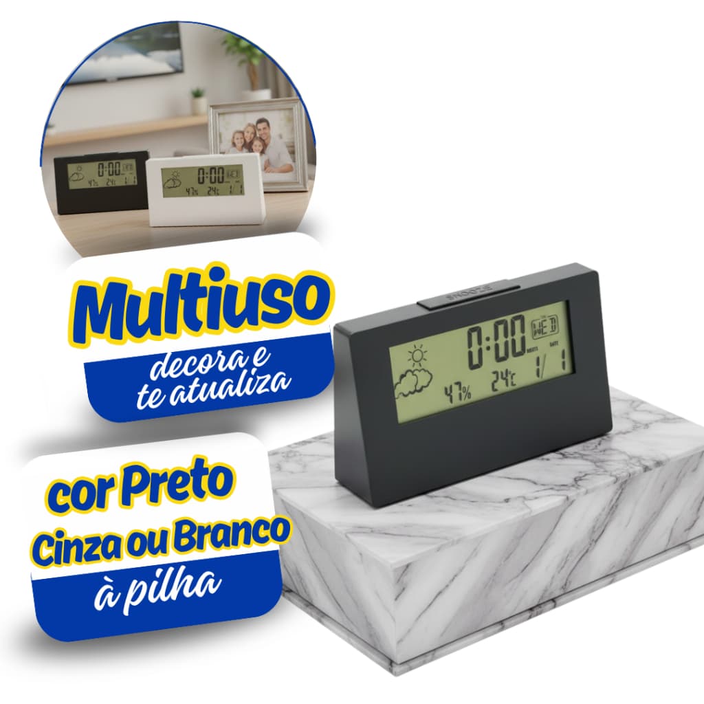 Relógio Despertador Digital de Mesa com Hora Data Temperatura e Previsão do Tempo