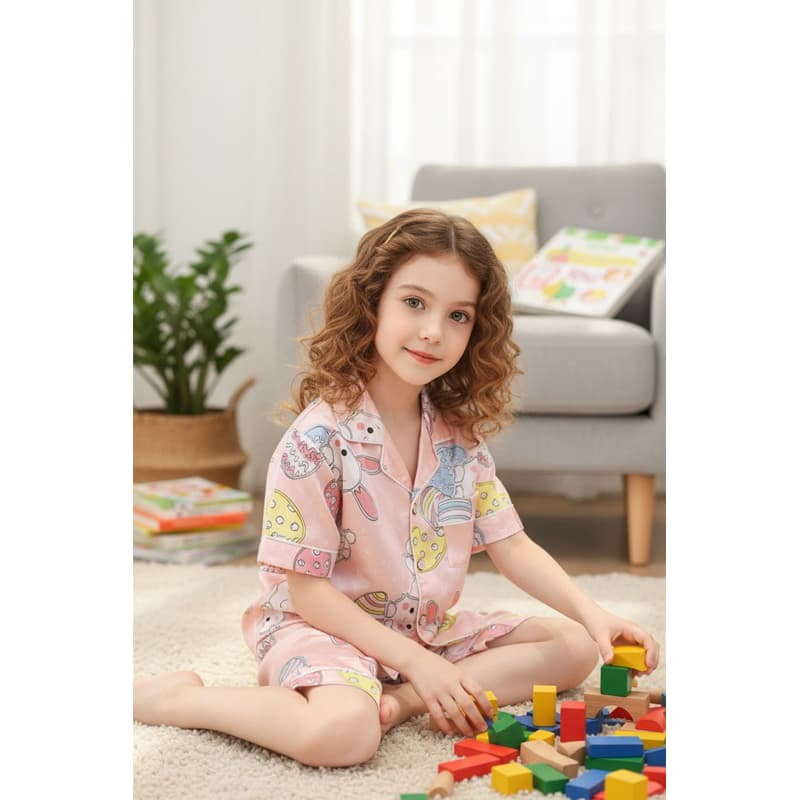 Pijama Infantil cetim de seda estampa do coelhinho, pijama modelo Americano