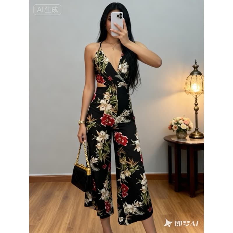 Macacão feminino Pantalona 3/4 Froral Estampado Fundo preto Sem manga Linho