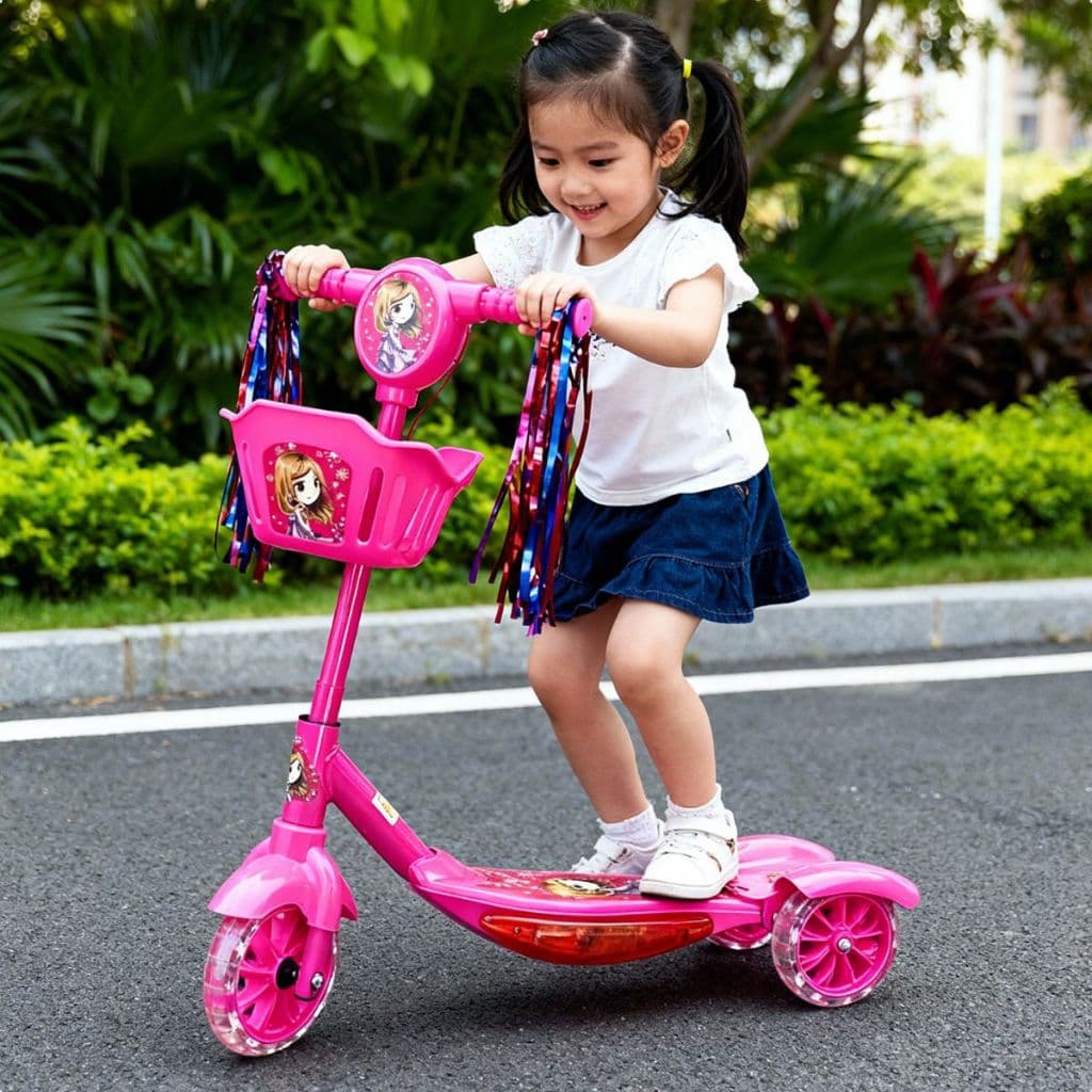 Patinete 3 Rodas Rosa Infantil Luz Música Cestinha Criança Brinquedo Presente 3 Anos Menina
