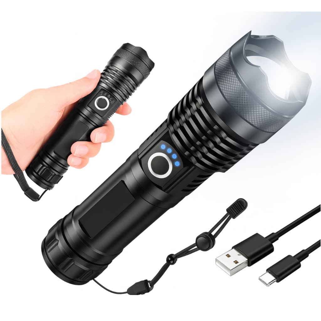 Lanterna LED P50 Onex Tática Recarregável – Super Potente, 1200lm, Zoom, USB, IP65