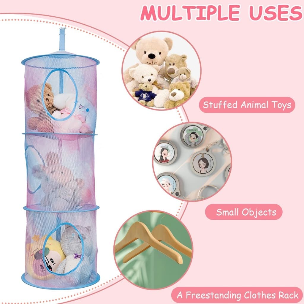 1Pc Organizador De Armazenamento Pendurado Dobrável - 3 Compartimentos De Malha Para Brinquedos/Animais De Pelúcia
