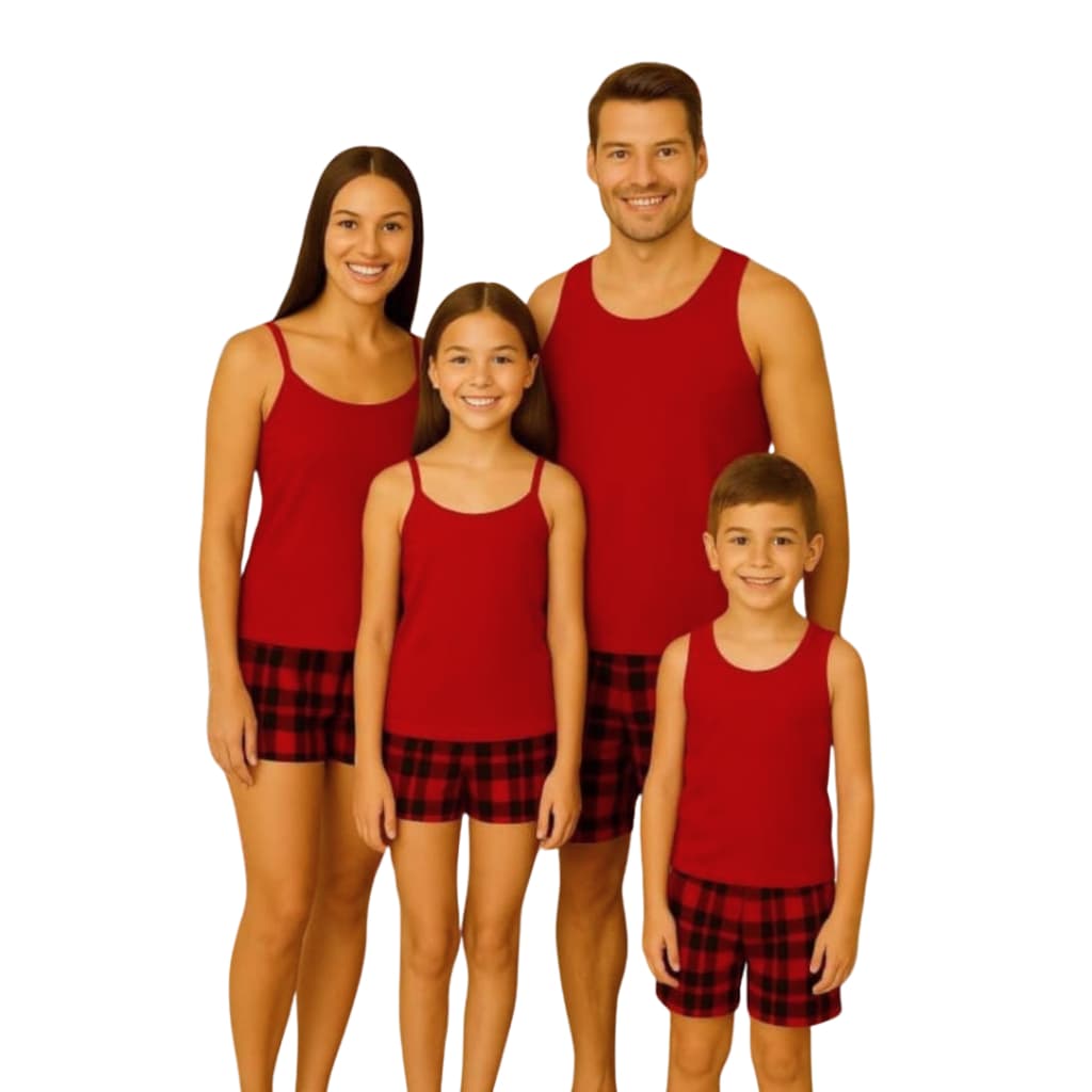 Kit Pijama Família - Feminino Alça e Infantil com Xuxinha - Masculino Short e Camiseta Regata LF104