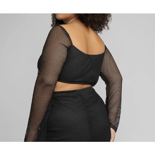 Conjunto top cropped manga cumprida e saia midi de Malha Mesh