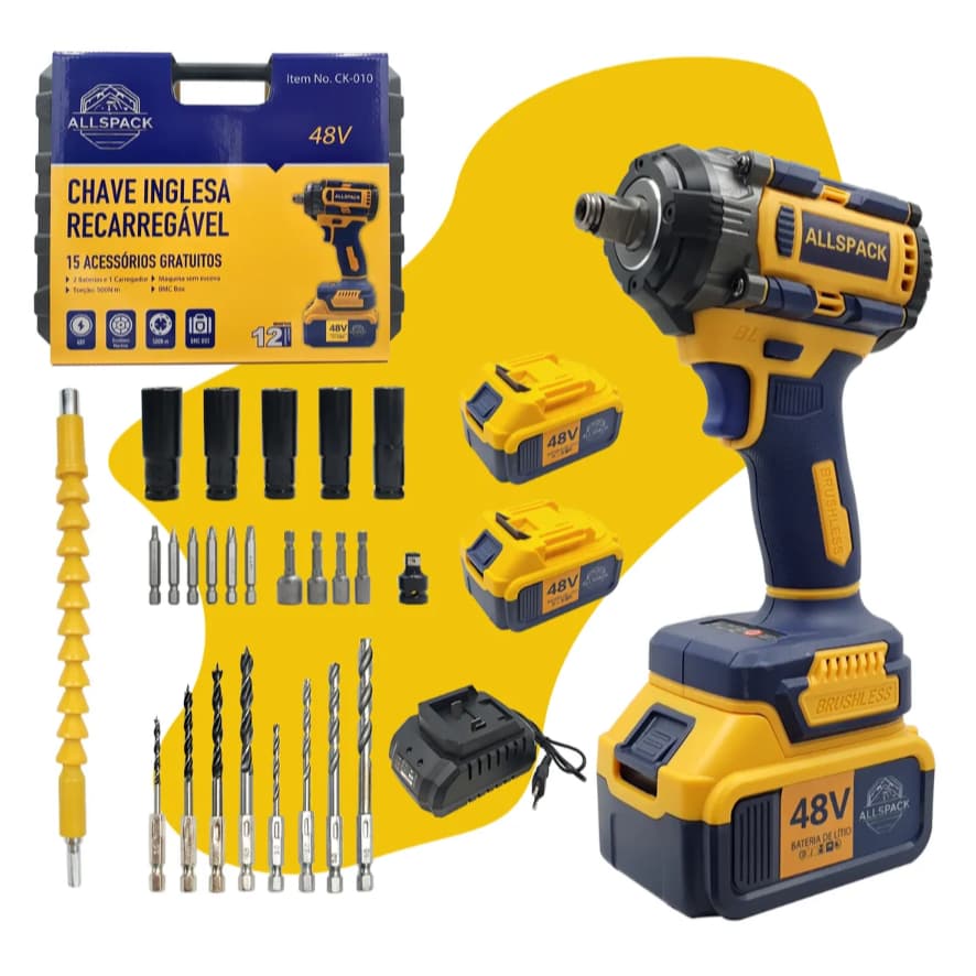 Parafusadeira de Impacto Sem Fio Profissional 48V 500N.m Equipada com duas baterias de lítio de alta capacidade
