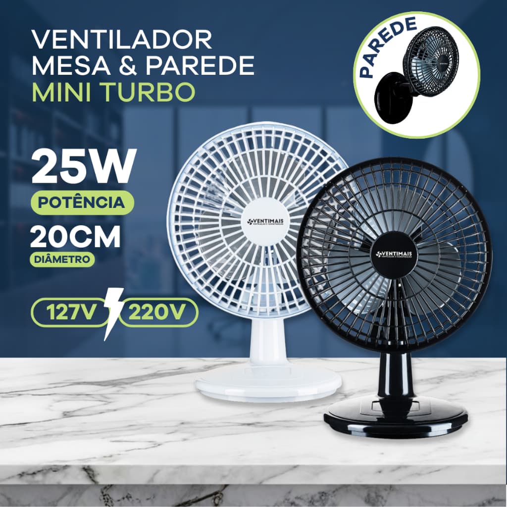 Mini Ventilador 20cm Turbo 2 em 1 Mesa/Parede Portátil 3 Pás 110/220V Branco Preto Escritório Maeto