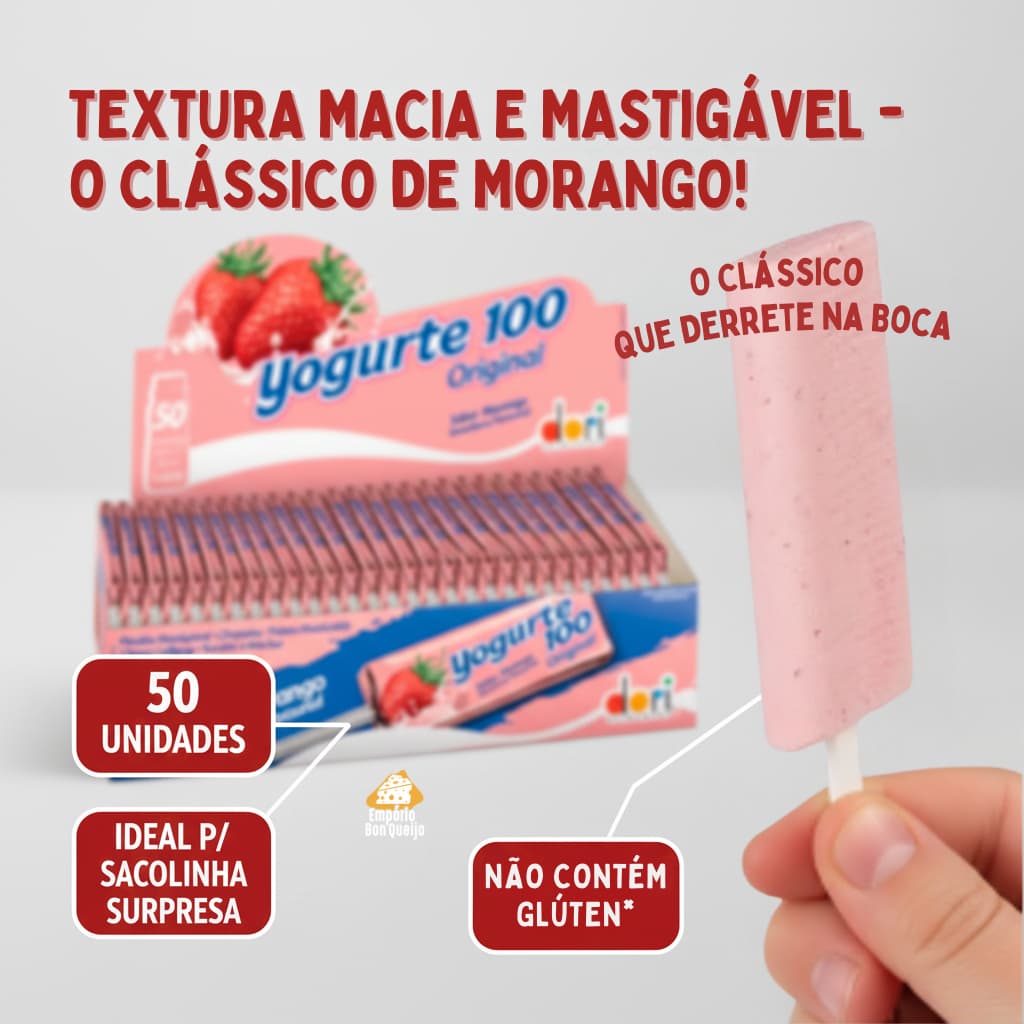Pirulito Yogurte 100 Mastigável Sabor Morango Dori 50 Unidades Festa Infantil Sem Glúten*