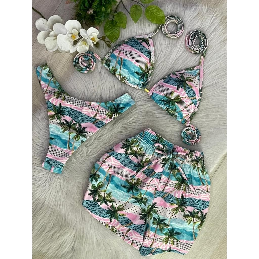Conjunto Biquíni Cortininha + Shortinho | Look Feminino Praia Colorido Verão Ibiza Rosa e Azul