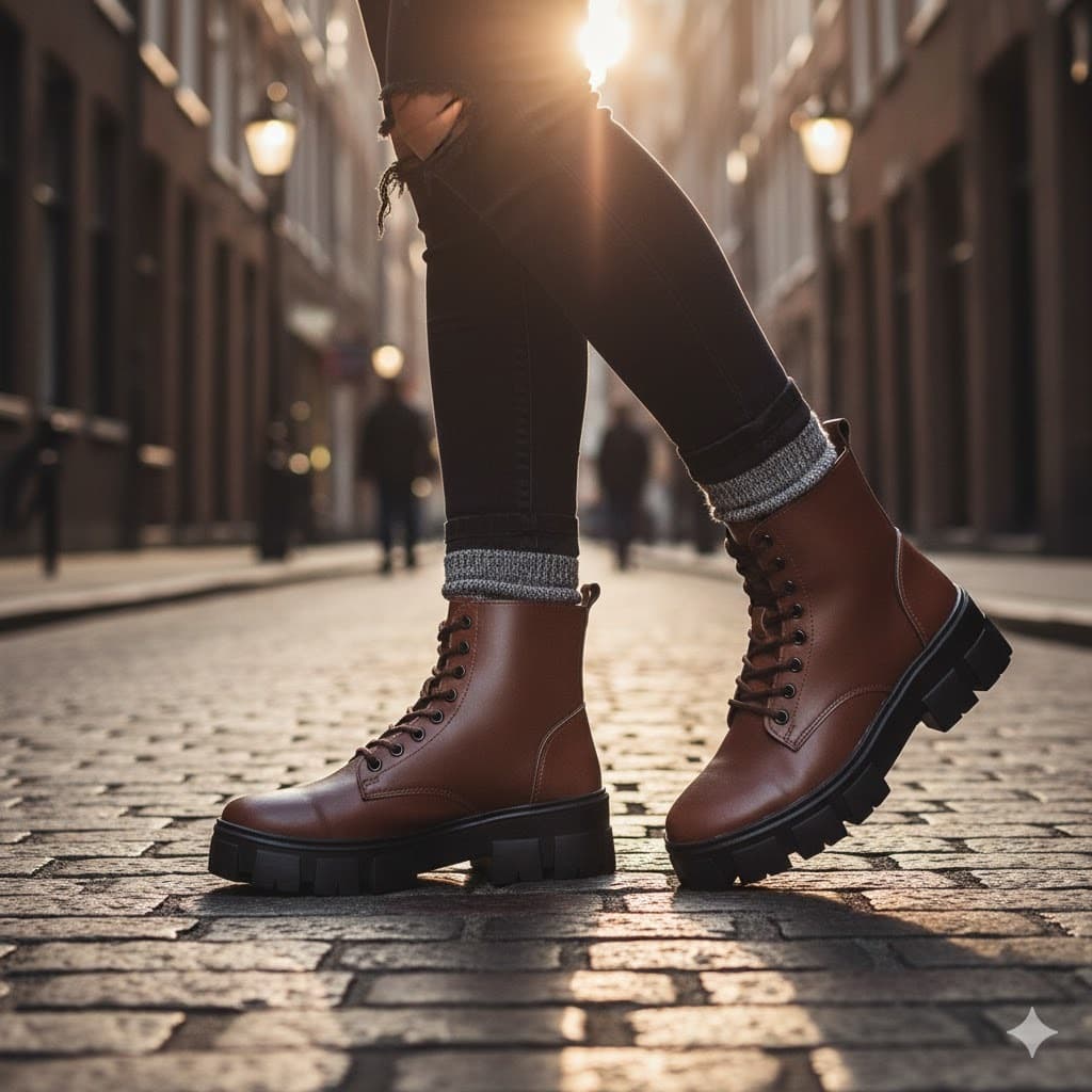 Bota Tipo Coturno Tratorada Marrom Cano Médio Moda