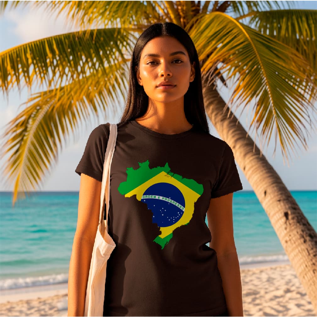 Camiseta Unissex para Copa do Mundo de 2026 Com a estampa da Bandeira do Brasil em Forma de Mapa