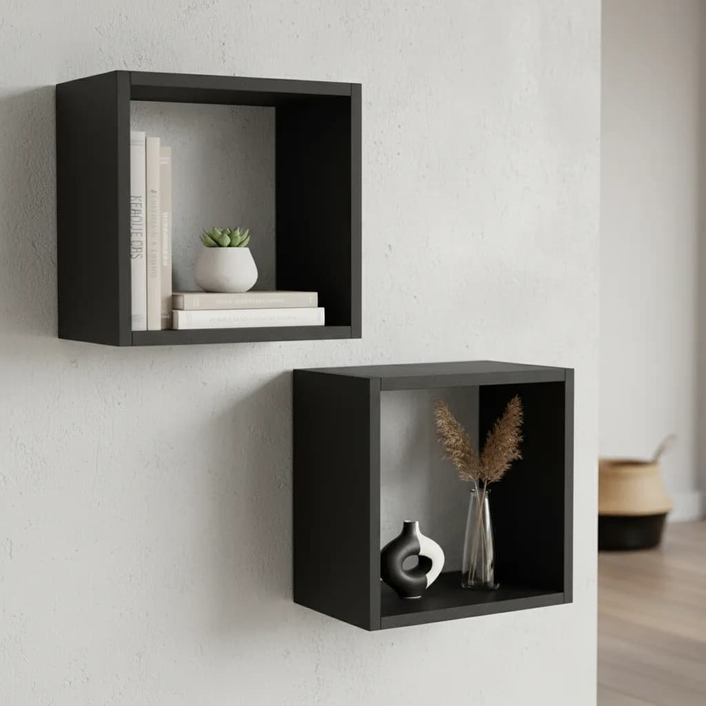 Kit 02 Nichos MDF Quadrados Preto 30x30cm Cozinha Banheiro Quarto Madeira Parede Decorativo Moderno