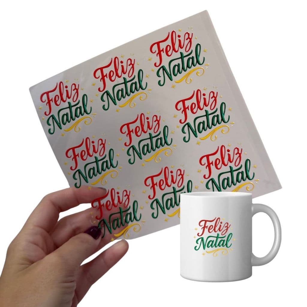 Adesivo DTF UV Feliz Natal Permanente, Impermeável Para Porcelanas, Copos e Decoração Cartela com 9 unidades