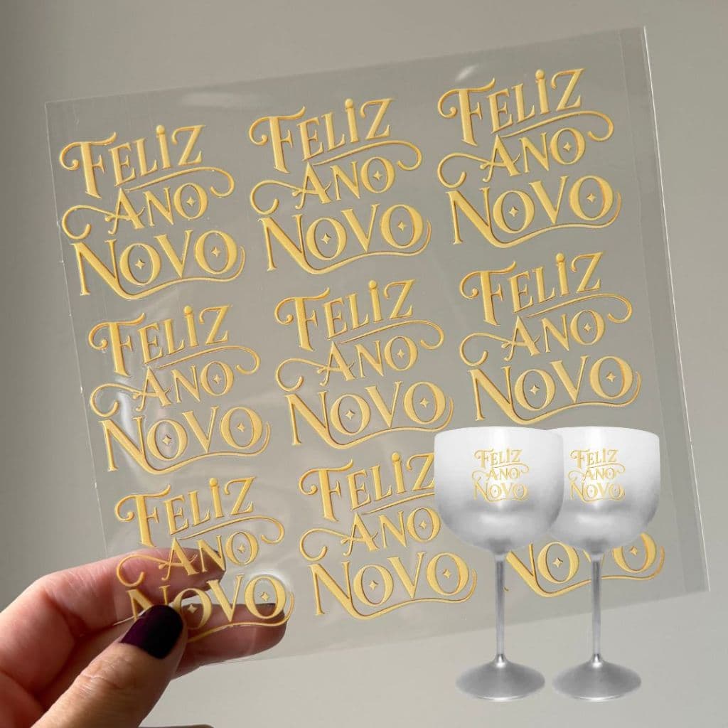 Adesivo DTF UV Feliz Ano Novo Permanente, Impermeável Para Porcelanas, Copos, Decoração Cartela com 9 unidades