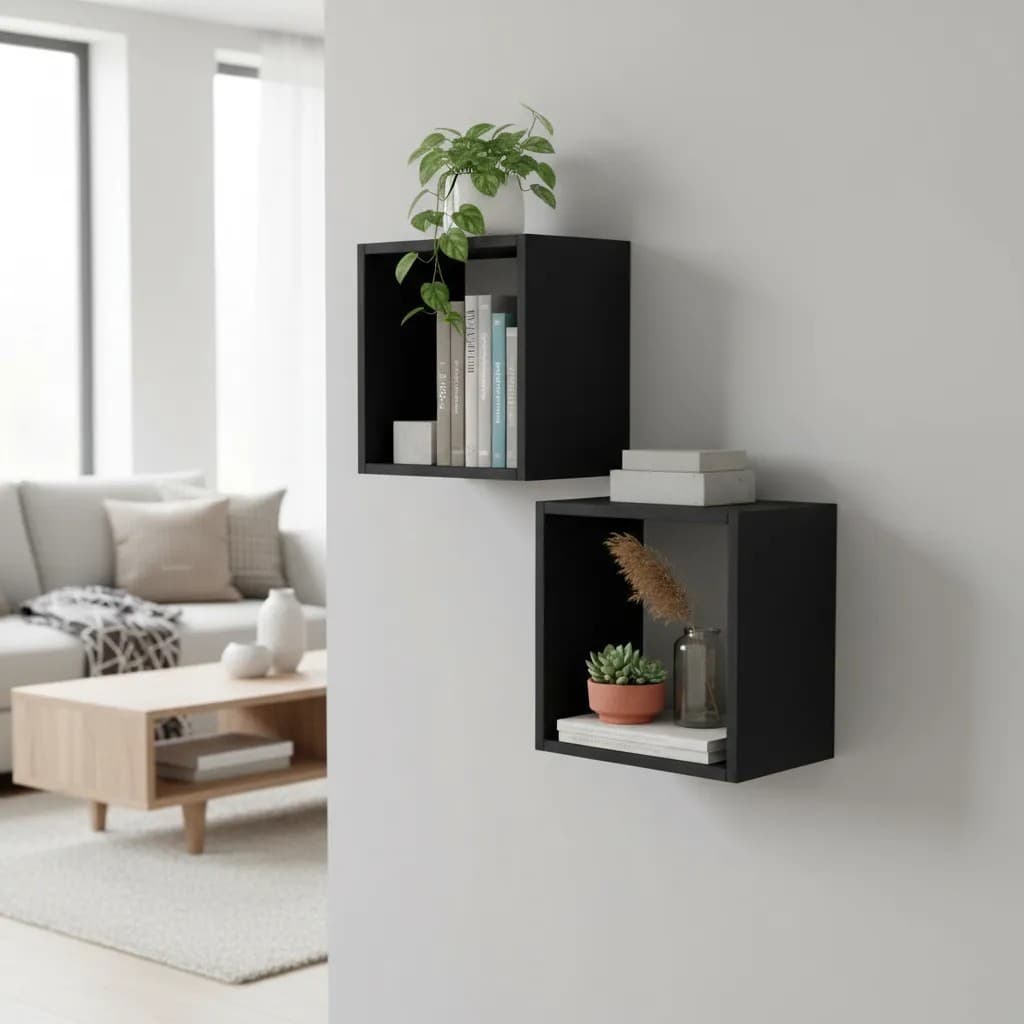 Kit 02 Nichos MDF 20cm Preto Decoração Sala Quarto Bebê Organizador Cozinha Escritório Salão Parede