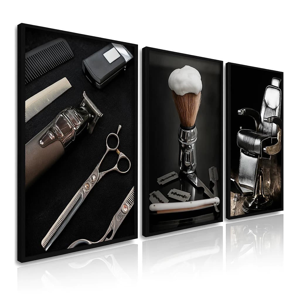Quadros Decorativos Trio Barbearia Barber Cabelo Luxo 120x60 hall full hd premium