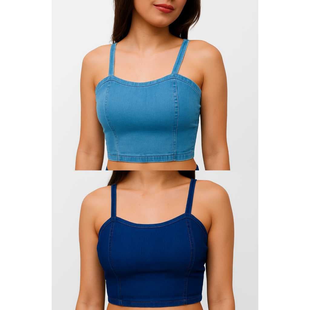Cropped Jeans Feminino  Elastano Ajuste Perfeito ao Corpo Alça Fina Confortável Modelador Top Blusa